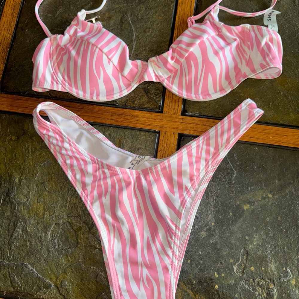 SHEIN Pink and White Zebra Bikini
